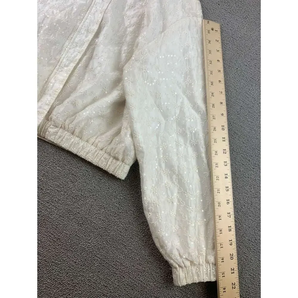 Zara Embroidered Jacket Kids13-14 Cream Floral Eyelet Bomber Elastic‎ Hem